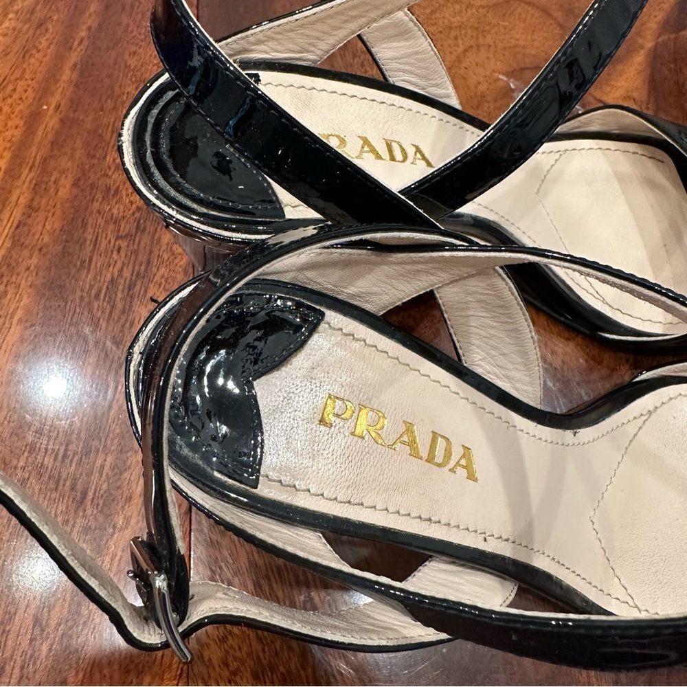 Prada Black Patent Leather Wedge Sandals - Picture 7 of 16